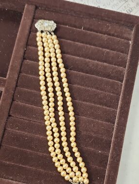 Vintage Signed Marvella 4-Strand Pearl Bracelet Stunning Rhinestone Clasp
